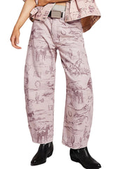 Women's Mid-rise Floral Print Cropped Loose Wide-leg Jeans