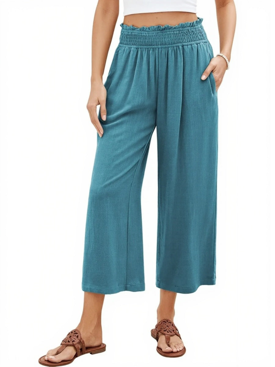 Women's High Waisted Wide Leg Linen Elastic Smock Waist Capri Pants