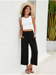 Women's High Waisted Wide Leg Linen Elastic Smock Waist Capri Pants
