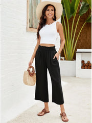 Women's High Waisted Wide Leg Linen Elastic Smock Waist Capri Pants
