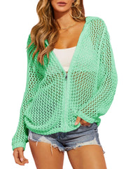 Womens Crochet Lightweight Cardigans Zip Up Hooded Cover Up