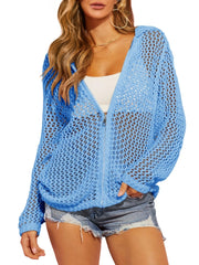 Womens Crochet Lightweight Cardigans Zip Up Hooded Cover Up