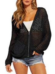 Womens Crochet Lightweight Cardigans Zip Up Hooded Cover Up