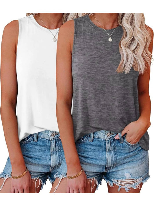 Womens Crew Neck Sleeveless Loose Fit Casual 2 Pack Tank Tops