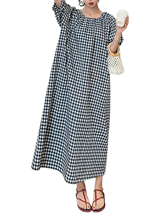 Women's Casual Gingham Puff Sleeve Maxi Dress