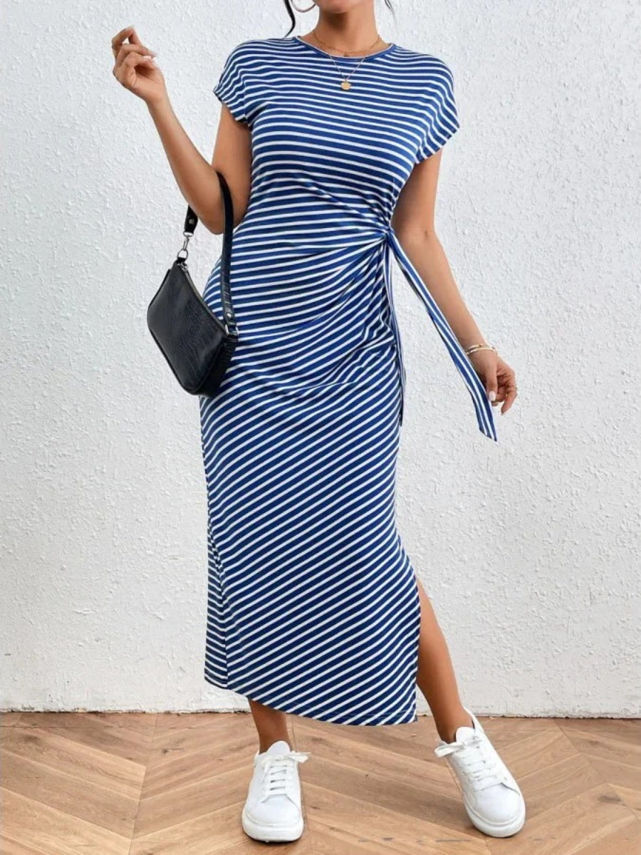 Women's Waist Slim Striped Slit Maxi Dress