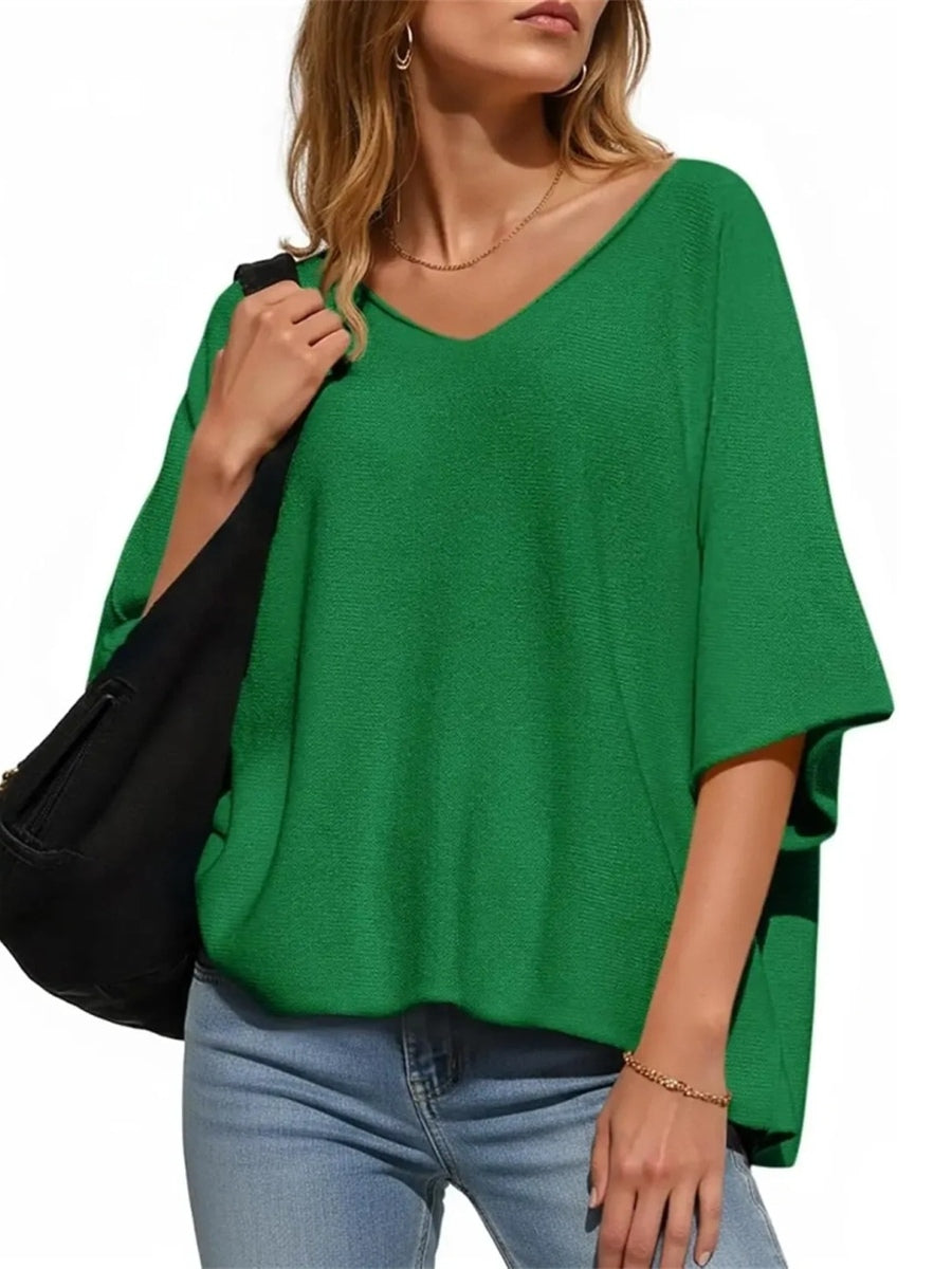 Women's Oversized Half Sleeve Batwing V Neck Casual Knit Tops