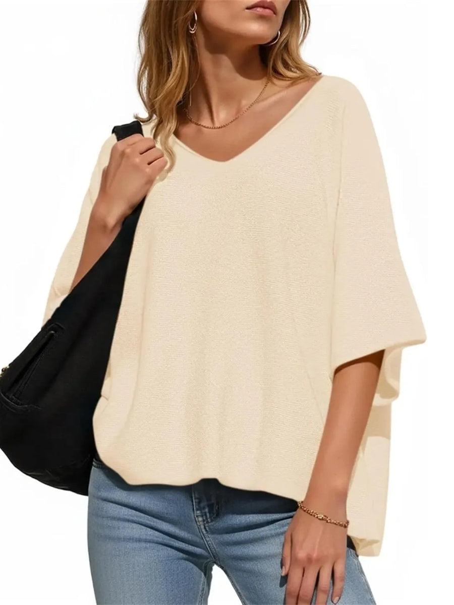Women's Oversized Half Sleeve Batwing V Neck Casual Knit Tops