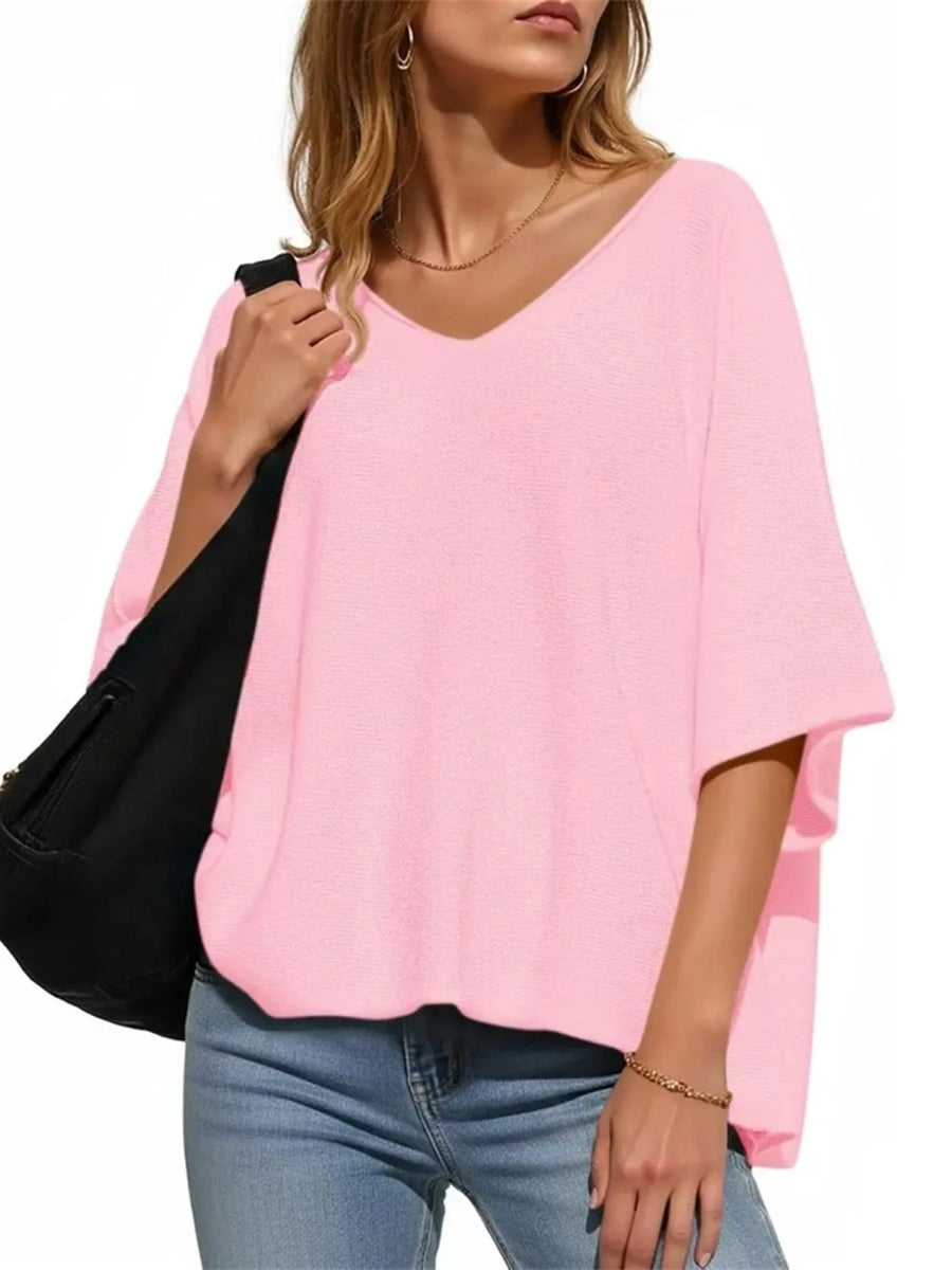 Women's Oversized Half Sleeve Batwing V Neck Casual Knit Tops