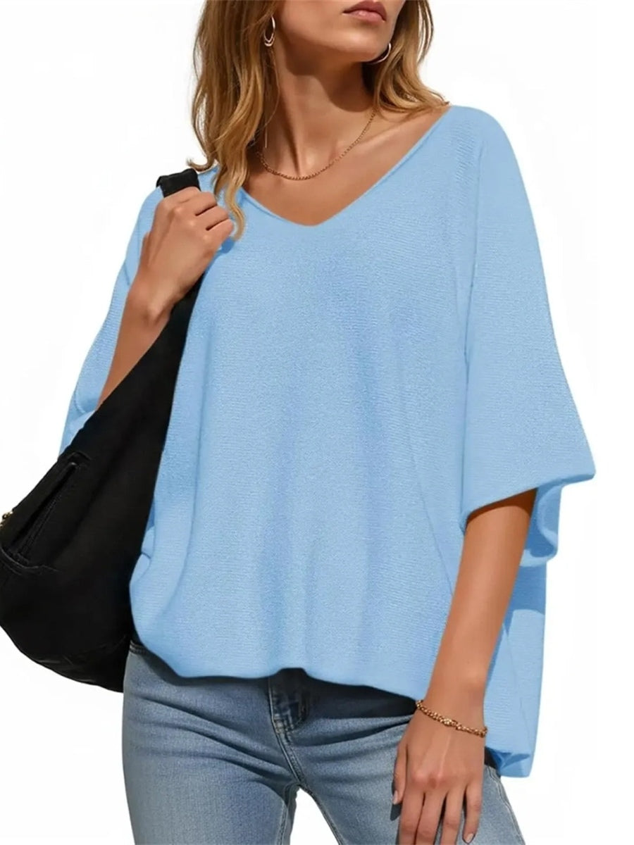 Women's Oversized Half Sleeve Batwing V Neck Casual Knit Tops