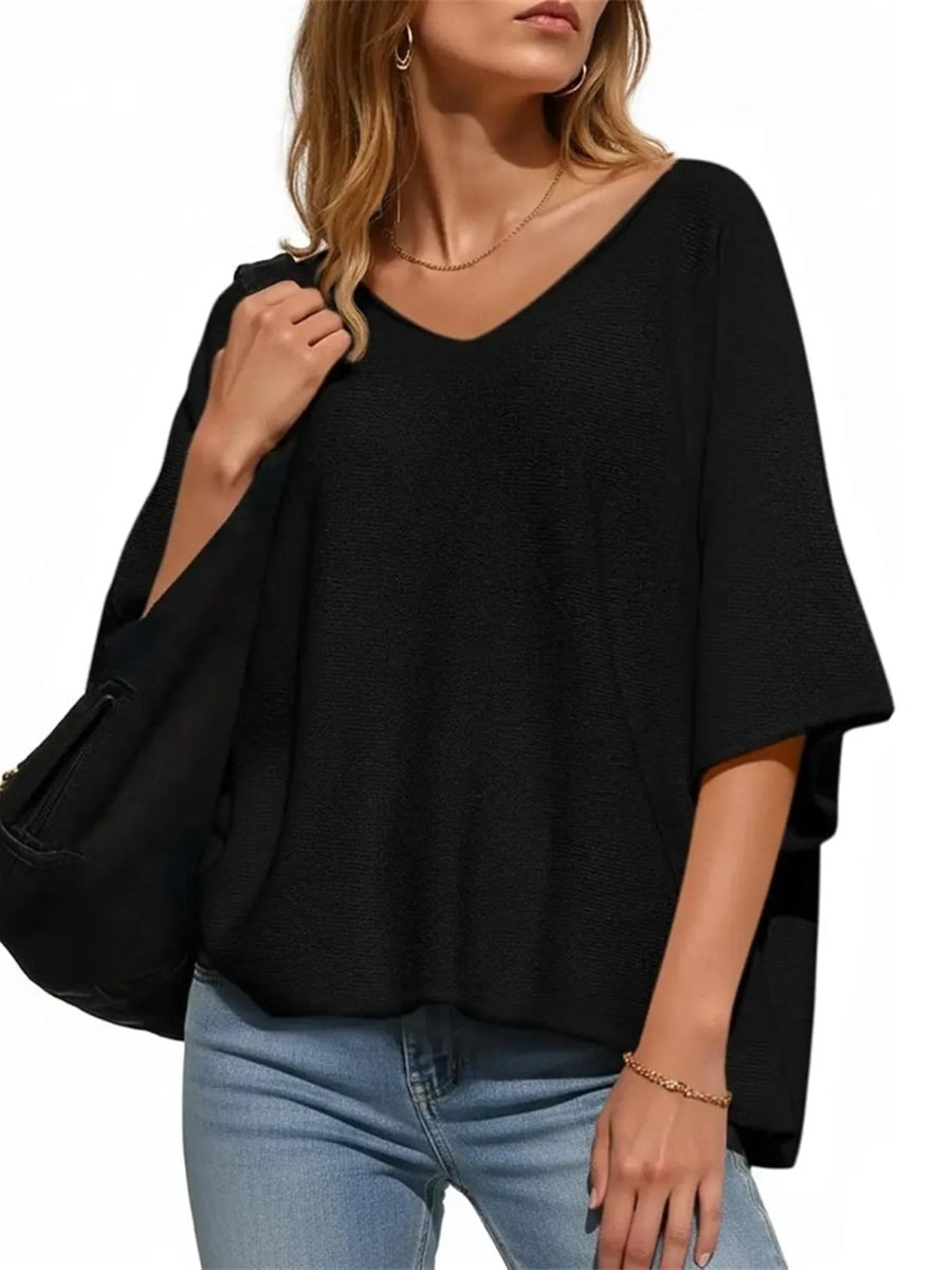 Women's Oversized Half Sleeve Batwing V Neck Casual Knit Tops