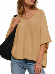 Women's Oversized Half Sleeve Batwing V Neck Casual Knit Tops