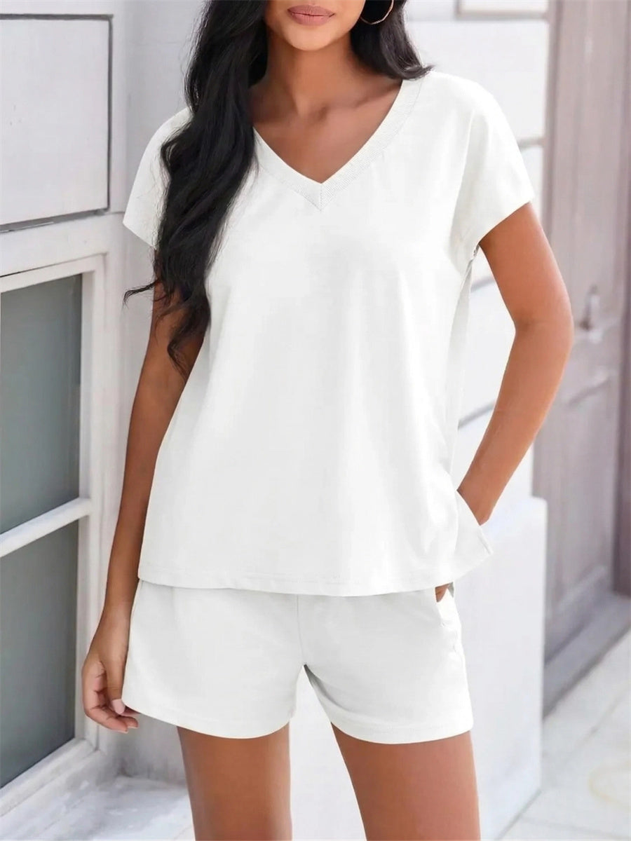 Women's V Neck Cap Sleeve Tops and Shorts 2 Piece Sets