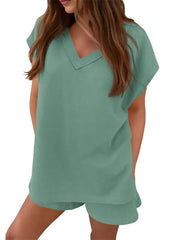 Women's V Neck Cap Sleeve Tops and Shorts 2 Piece Sets