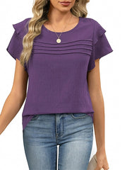 Women's Summer Ruffle Short Sleeve Crew Neck Pleated Front Tops