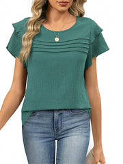 Women's Summer Ruffle Short Sleeve Crew Neck Pleated Front Tops