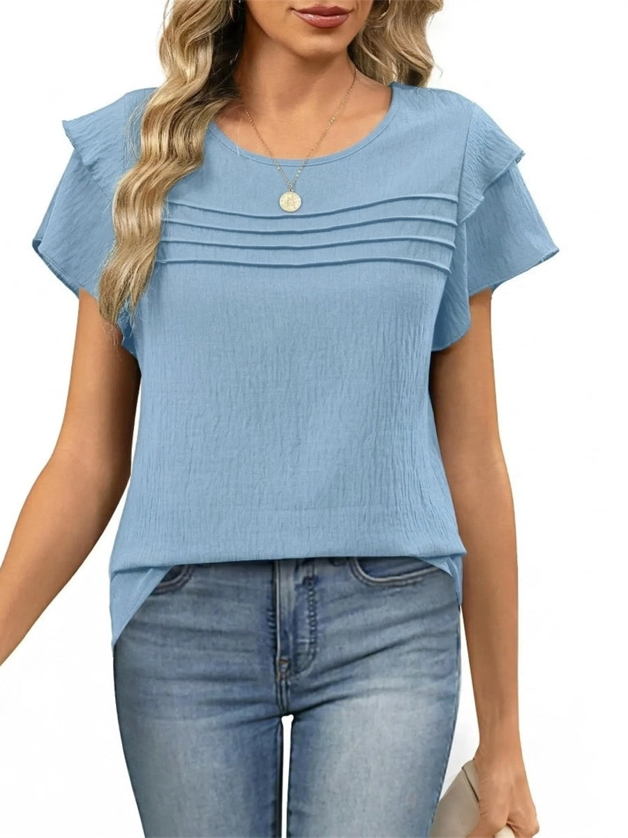 Women's Summer Ruffle Short Sleeve Crew Neck Pleated Front Tops