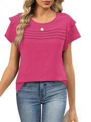 Women's Summer Ruffle Short Sleeve Crew Neck Pleated Front Tops