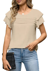 Women's Summer Ruffle Short Sleeve Crew Neck Pleated Front Tops