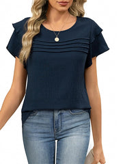 Women's Summer Ruffle Short Sleeve Crew Neck Pleated Front Tops