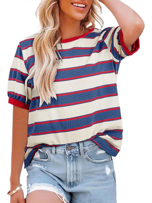 Women's Striped Color Block Short Sleeve T-Shirts Casual Loose Basic Tee
