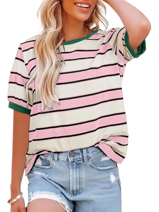 Women's Striped Color Block Short Sleeve T-Shirts Casual Loose Basic Tee