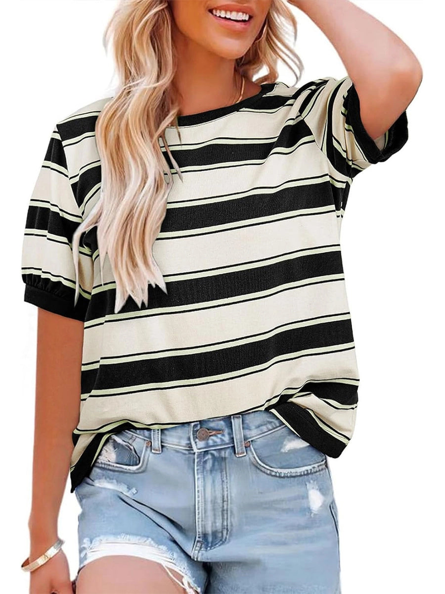 Women's Striped Color Block Short Sleeve T-Shirts Casual Loose Basic Tee