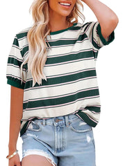 Women's Striped Color Block Short Sleeve T-Shirts Casual Loose Basic Tee