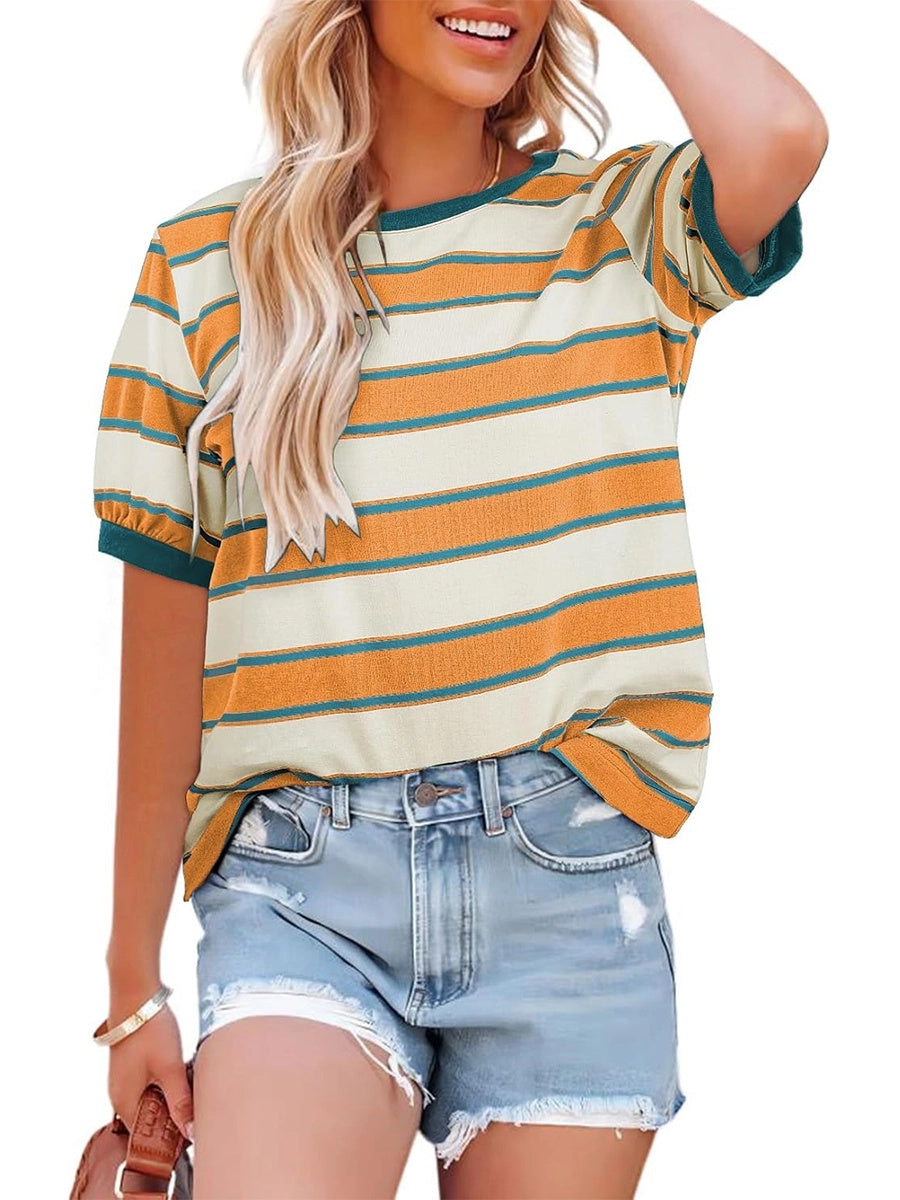 Women's Striped Color Block Short Sleeve T-Shirts Casual Loose Basic Tee