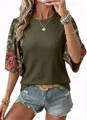 Women's Floral Print 3/4 Puff Sleeve Casual T-Shirt