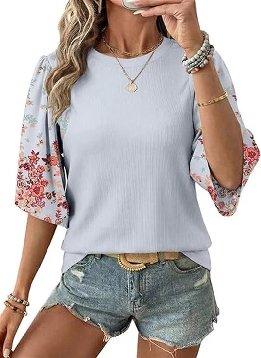 Women's Floral Print 3/4 Puff Sleeve Casual T-Shirt