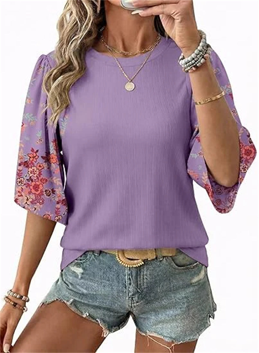 Women's Floral Print 3/4 Puff Sleeve Casual T-Shirt