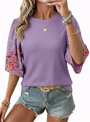 Women's Floral Print 3/4 Puff Sleeve Casual T-Shirt