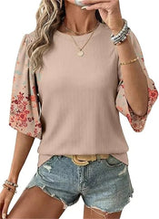 Women's Floral Print 3/4 Puff Sleeve Casual T-Shirt