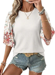 Women's Floral Print 3/4 Puff Sleeve Casual T-Shirt
