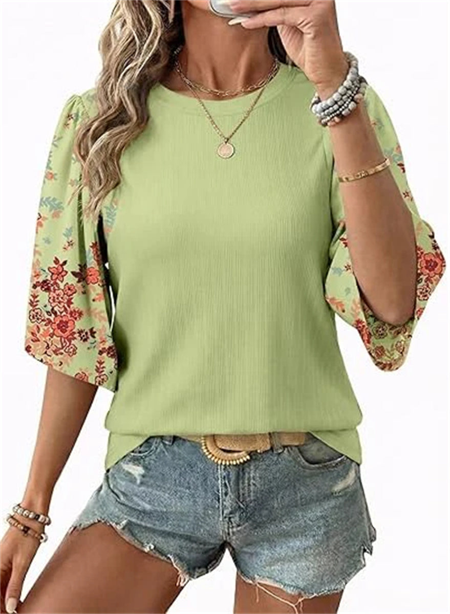Women's Floral Print 3/4 Puff Sleeve Casual T-Shirt