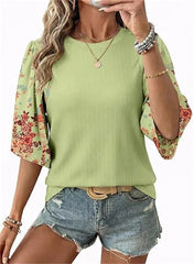 Women's Floral Print 3/4 Puff Sleeve Casual T-Shirt