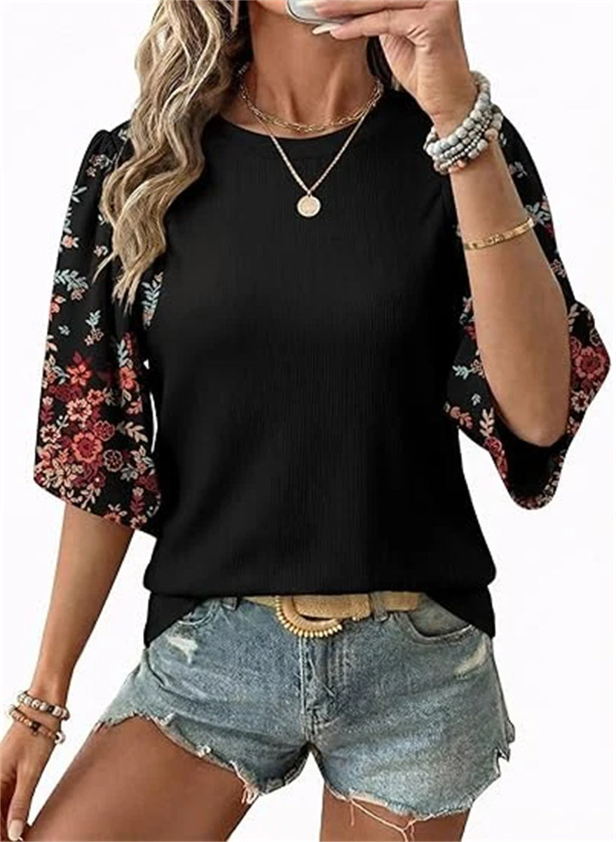 Women's Floral Print 3/4 Puff Sleeve Casual T-Shirt