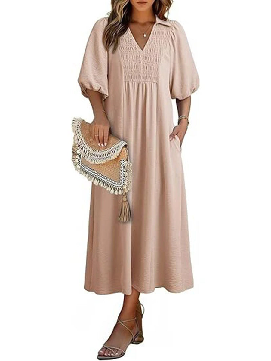 Women's V-Neck Puff Sleeve Maxi Dress