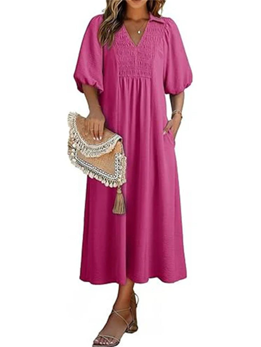Women's V-Neck Puff Sleeve Maxi Dress