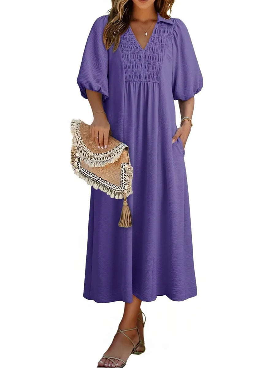 Women's V-Neck Puff Sleeve Maxi Dress