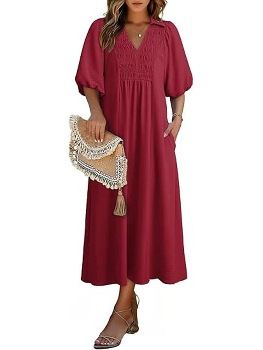 Women's V-Neck Puff Sleeve Maxi Dress