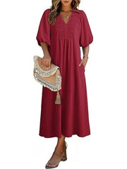 Women's V-Neck Puff Sleeve Maxi Dress