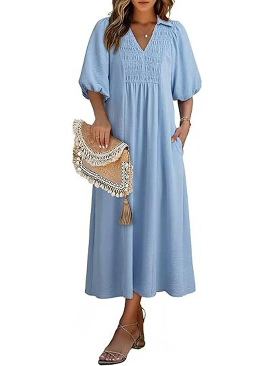 Women's V-Neck Puff Sleeve Maxi Dress