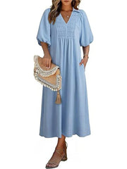 Women's V-Neck Puff Sleeve Maxi Dress