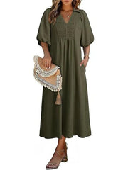 Women's V-Neck Puff Sleeve Maxi Dress