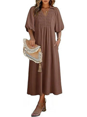 Women's V-Neck Puff Sleeve Maxi Dress