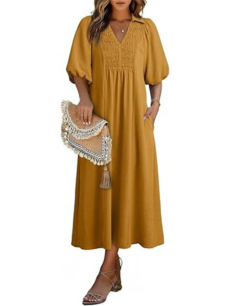 Women's V-Neck Puff Sleeve Maxi Dress