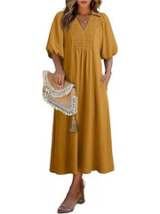 Women's V-Neck Puff Sleeve Maxi Dress