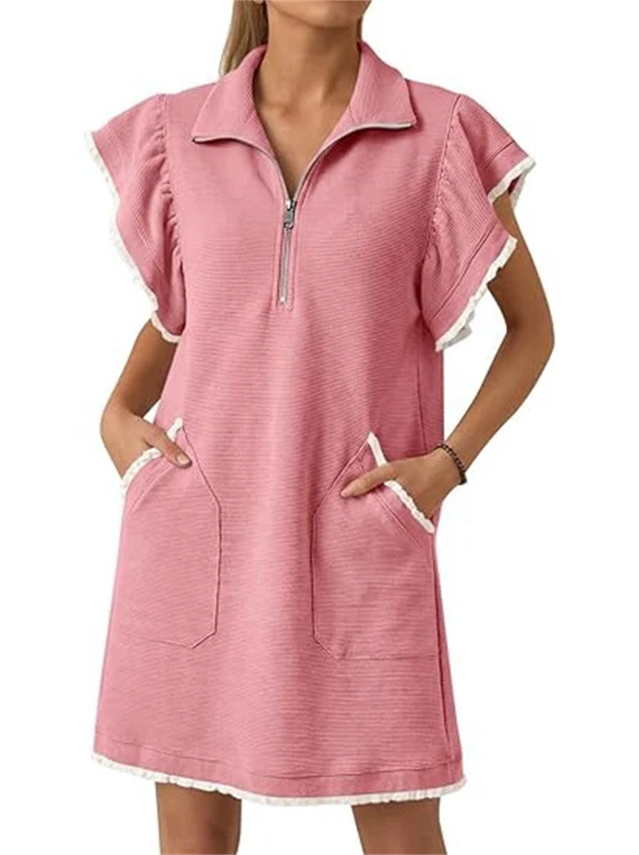 Women's Half-Zip Ruffle Sleeve Mini Dress with Pockets